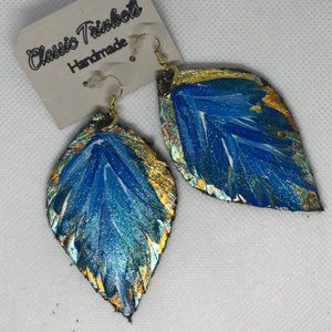 leather hand painted blue and gold leaf earrings
